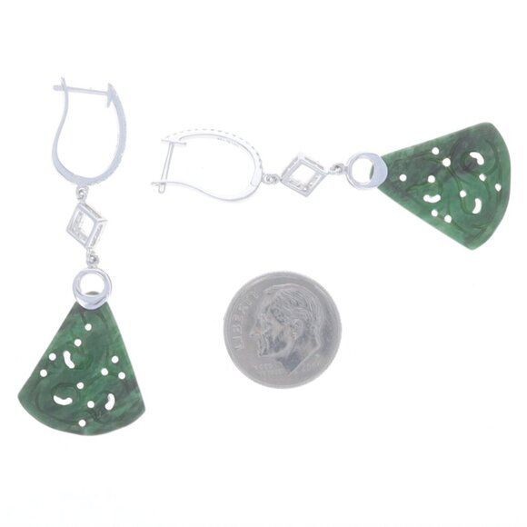 White Gold Jade & Diamond Fan Hoop Dangle Earrings - 18k Carved .33ctw Pierced